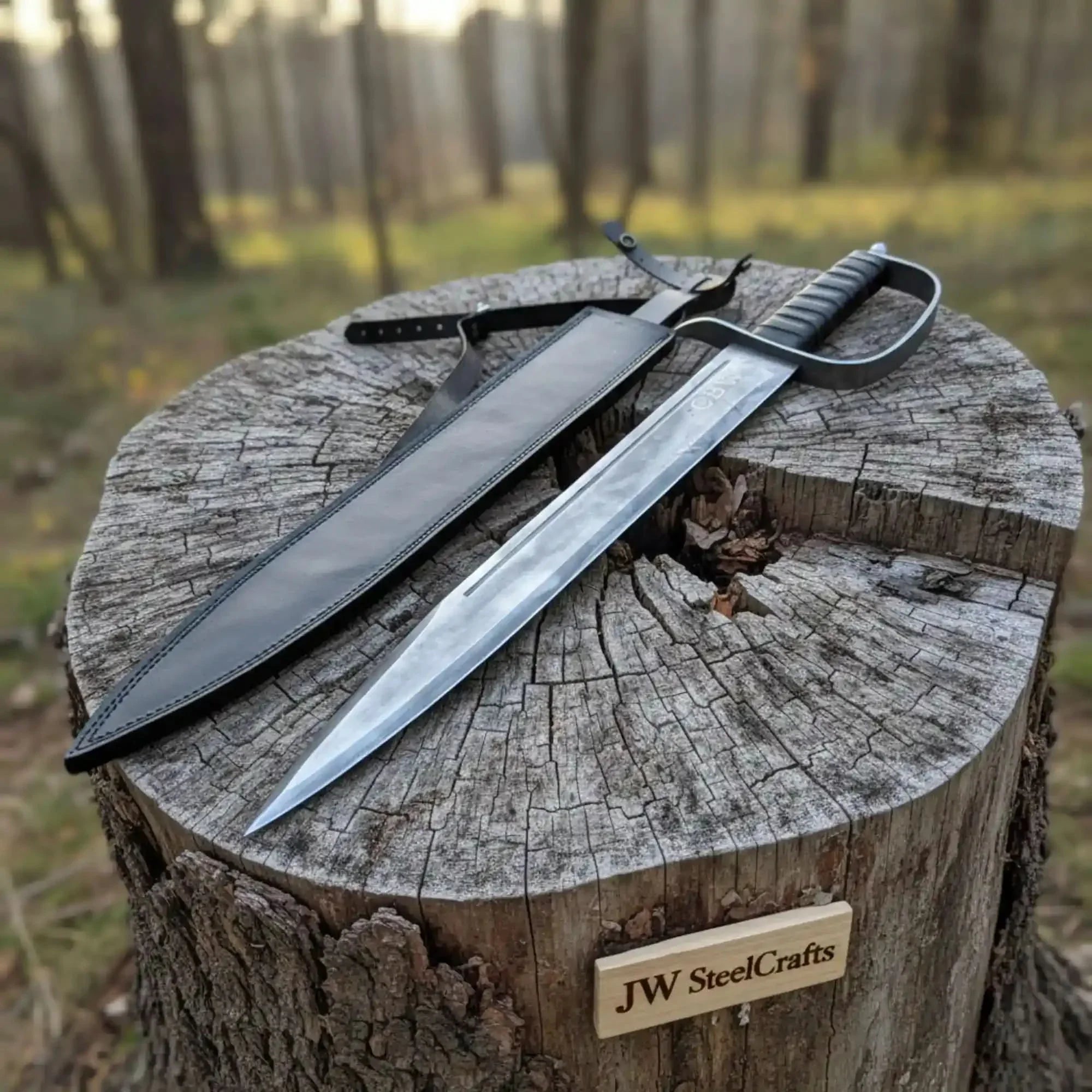 Handmade Medieval Short Sword Acid Washed Steel D-Guard Leather Sheath by JW SteelCrafts, leather knife sheath main product photo