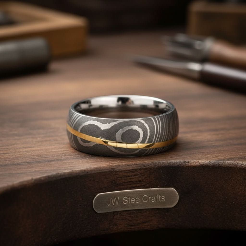 Mens Damascus Steel Wedding Band Raindrop Pattern with Brass Inlay by JW SteelCrafts, Southern lifestyle apparel main product photo