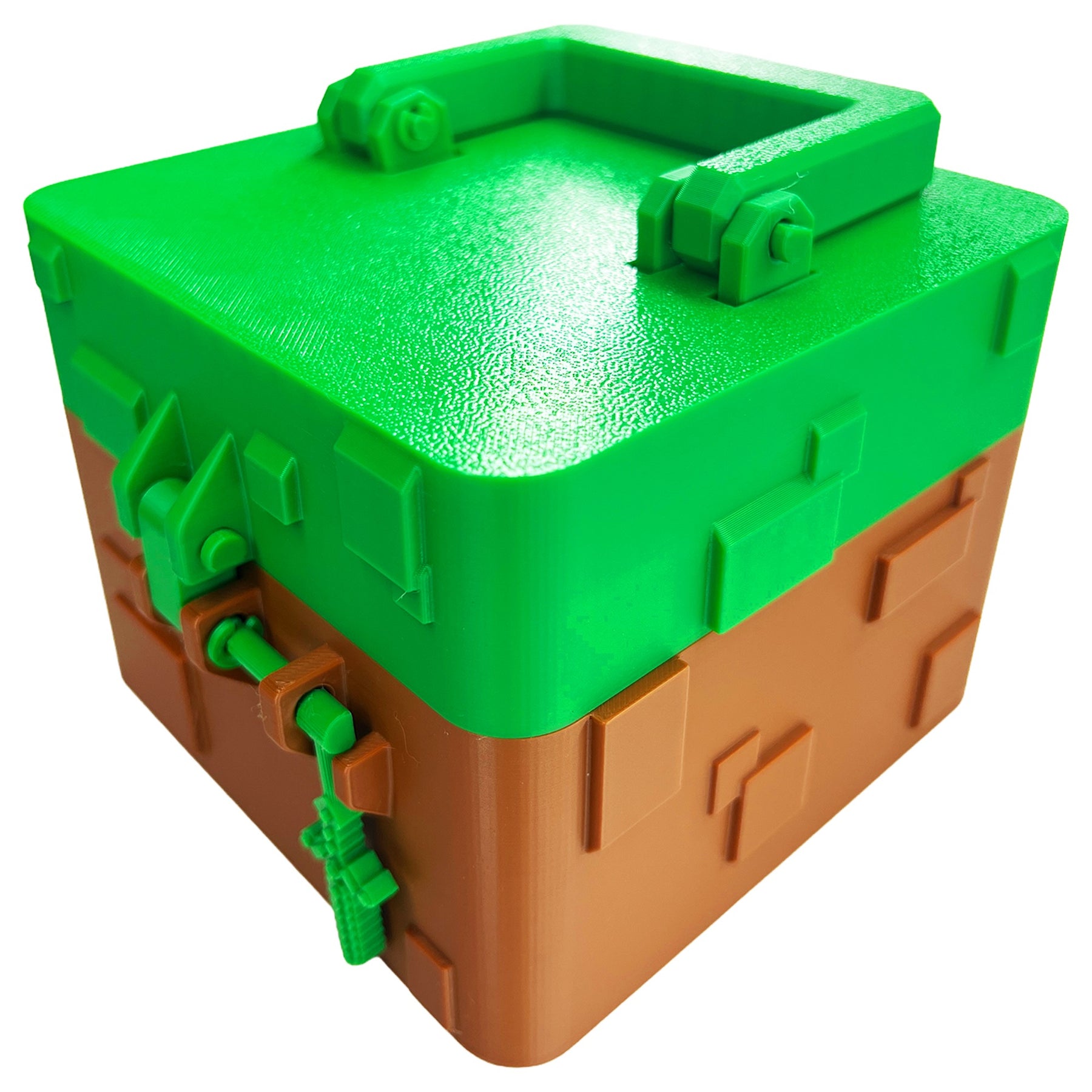 Minecraft-inspired mystery cube box with handle shown from the top and side