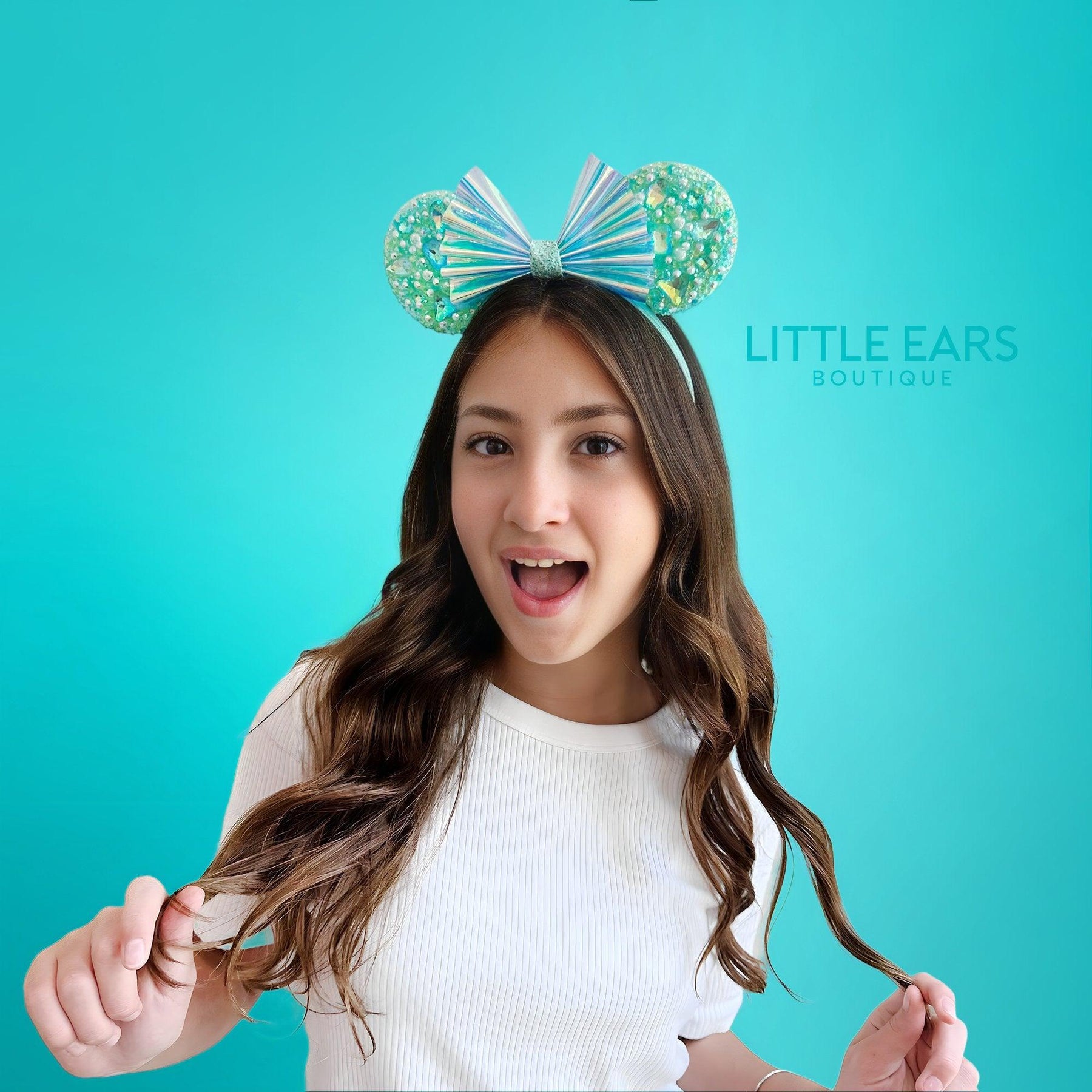 Mint Iridescent Sparkle Ears by Little Ears Boutique, scented candle detail photo 7