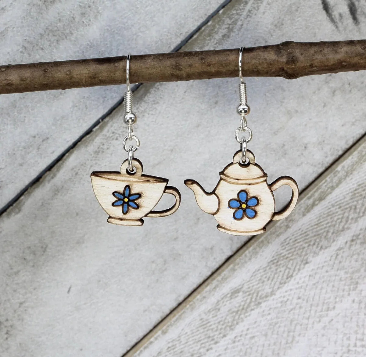 Teapot and Cup Wooden Dangle Earrings | Mismatched Tea Jewelry by Cate's Concepts, LLC, Southern food gift detail photo 2