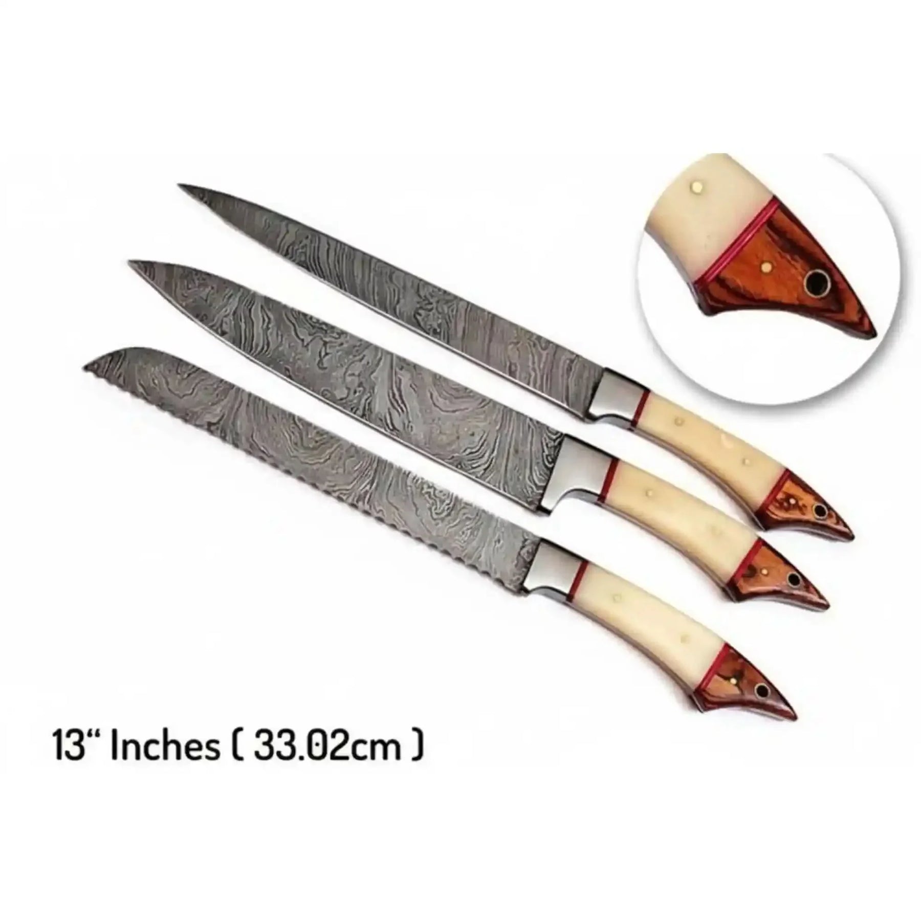 6-Piece Damascus Kitchen Knife Set — White Bone and Red Wood Handles
