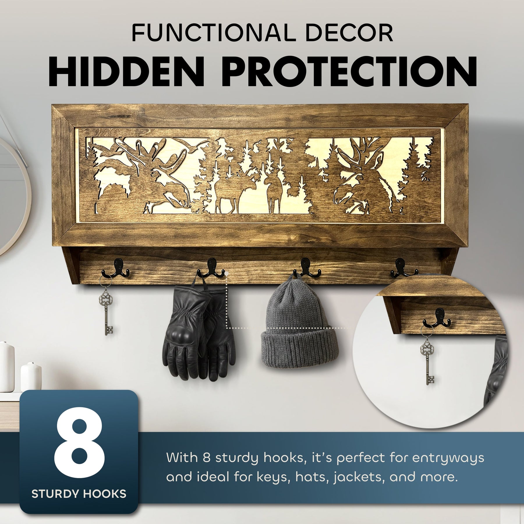Moose Hunting Hidden Gun Storage Coat Rack Concealment Shelf with Hooks for Coats, Bags, & Hats