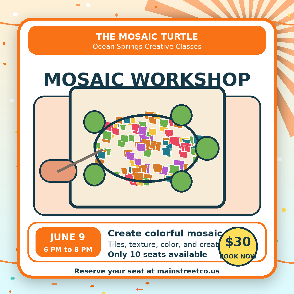 Bright Mosaic Workshop class product image with colorful tiles for The Mosaic Turtle in Ocean Springs Mississippi