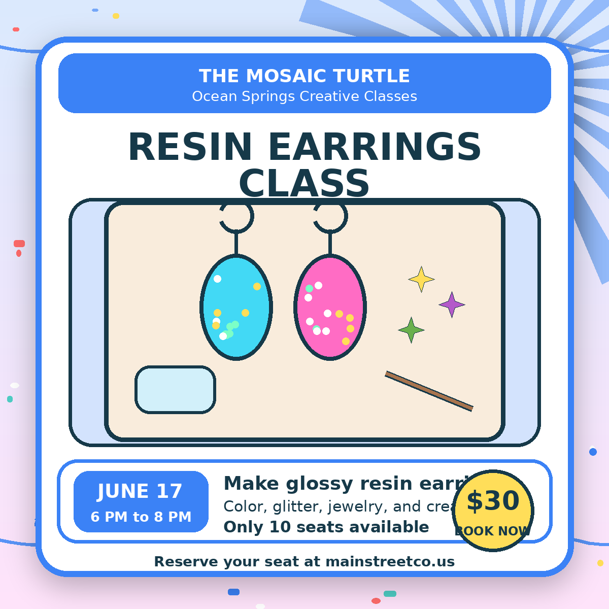 Resin Earrings Class - June 17th by The Mosaic Turtle, handmade jewelry main product photo