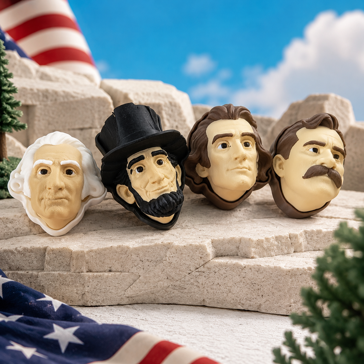 Mount Rushmore inspired president clicker head set with patriotic display