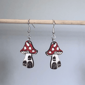 Enchanted Mushroom Wooden Dangle Earrings | Fantasy Jewelry