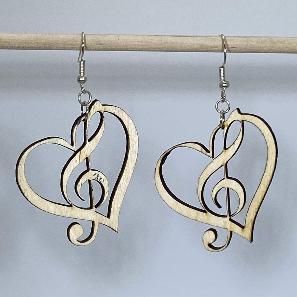 Treble Clef Heart Wooden Dangle Earrings | Music Lover Jewelry