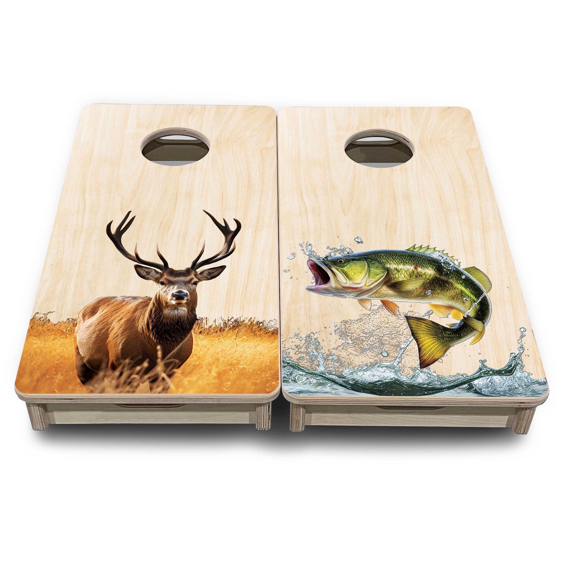 Natural Colorful Deer & Fish - Mini or Vacation Size Cornhole Boards Cornhole Solutions