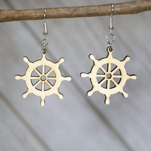 Nautical Ship Wheel Wooden Dangle Earrings | Coastal Jewelry