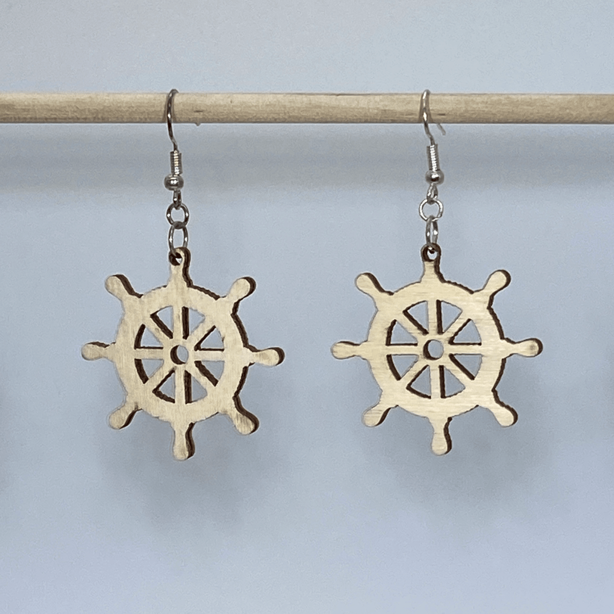 Nautical Ship Wheel Wooden Dangle Earrings | Coastal Jewelry by Cate's Concepts, LLC, handmade jewelry detail photo 2