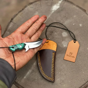 Neck Knife with Leather Sheath – Mini Damascus Pattern Blade | Green Resin Handle | JW SteelCrafts