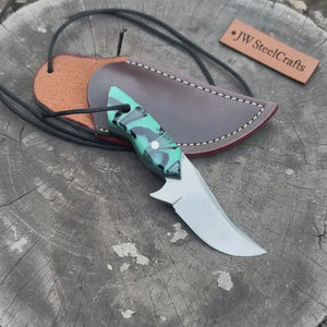 Neck Knife with Leather Sheath – Mini Damascus Pattern Blade | Green Resin Handle | JW SteelCrafts
