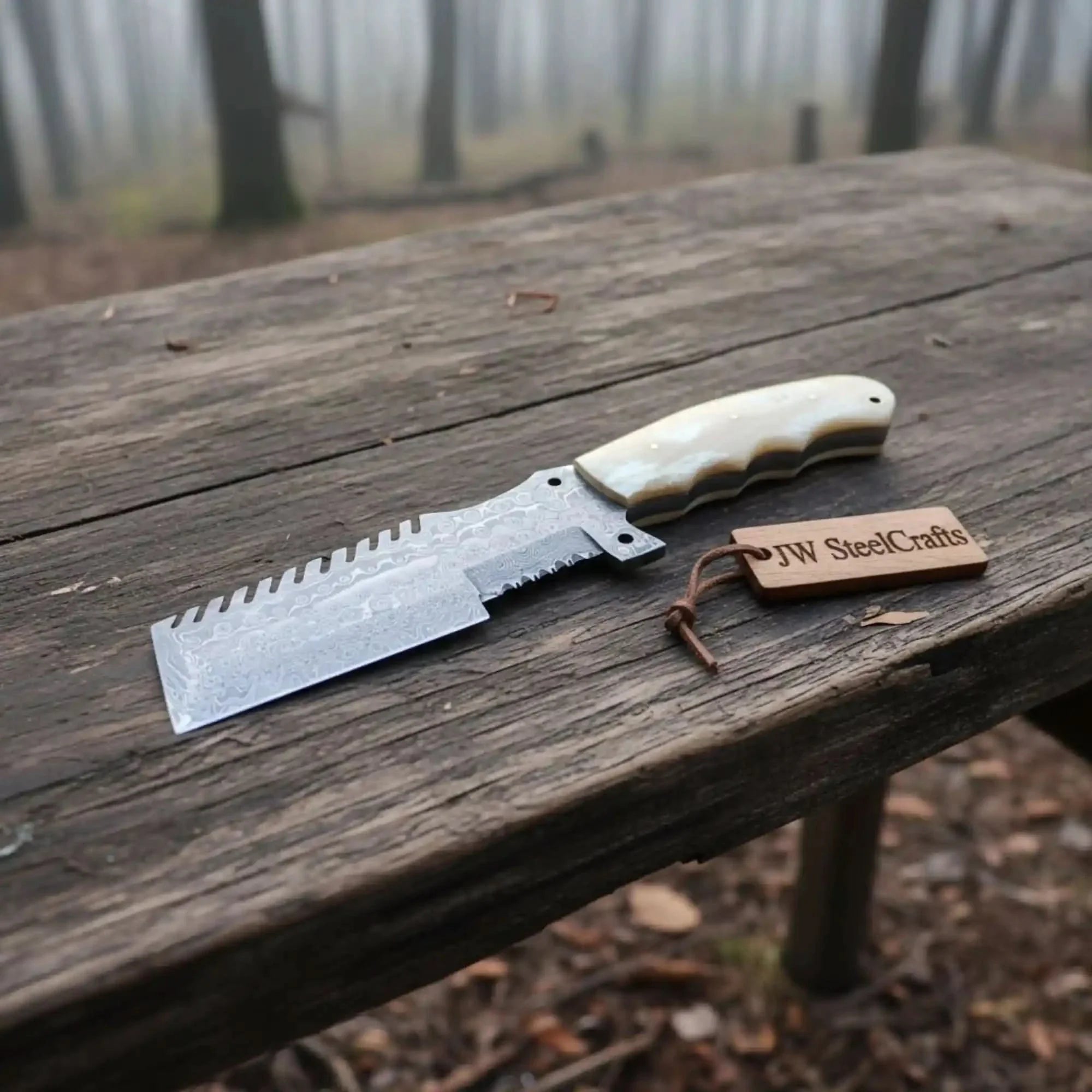 Handmade Damascus Tracker Knife with Bone Handle, Fixed Blade by JW SteelCrafts, Damascus knife main product photo