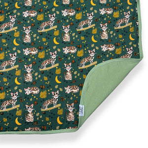 Ocelot reversible bamboo blanket with hand drawn animal print