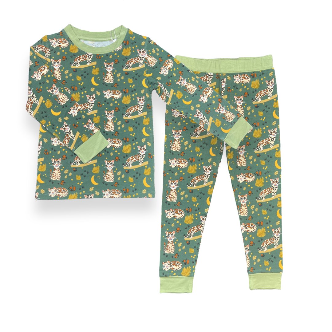 Ocelot bamboo two piece pajamas for kids with hand drawn animal print