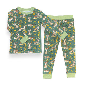 Ocelot bamboo two piece pajamas for kids with hand drawn animal print