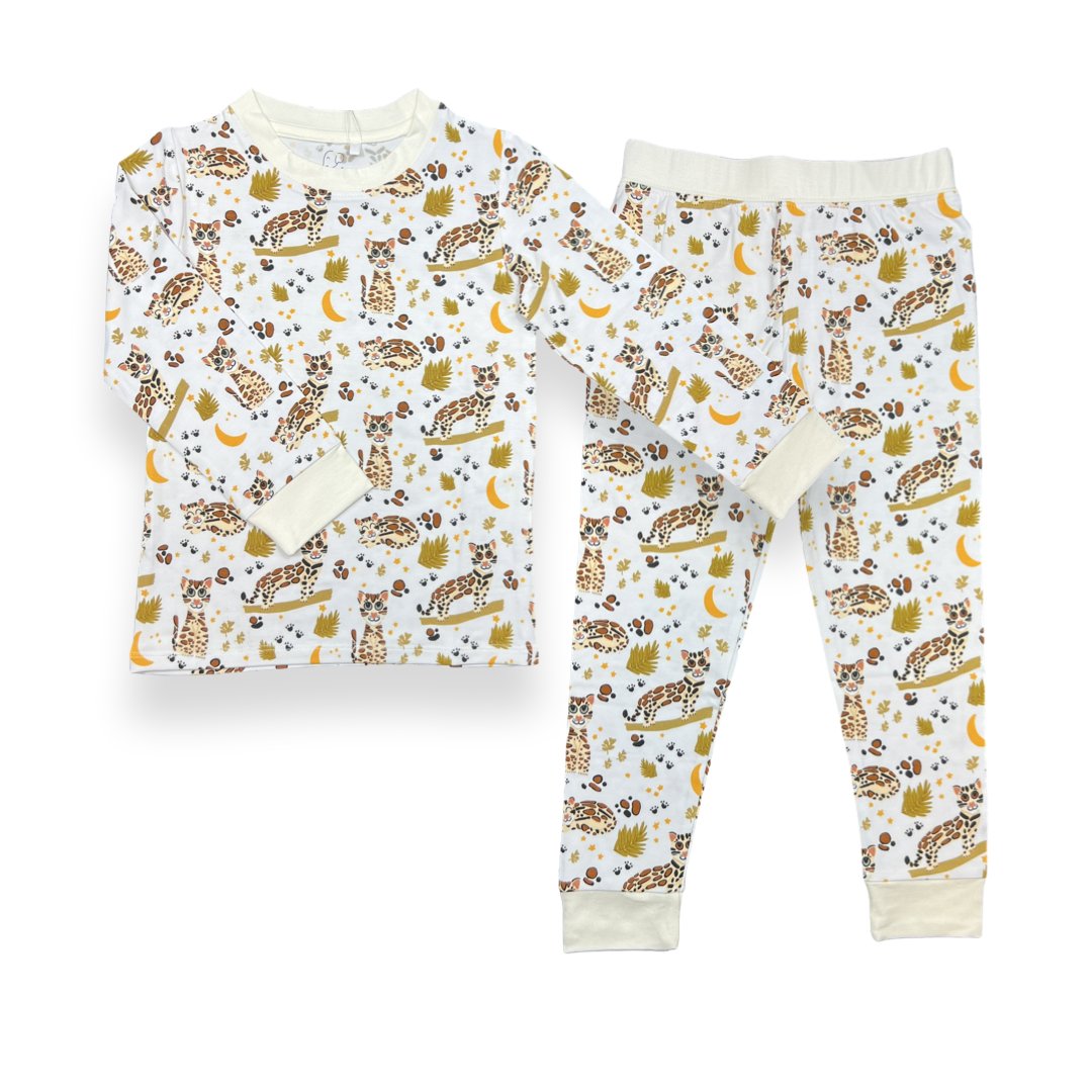 Additional view of Ocelot bamboo two piece pajamas for kids with hand drawn animal print