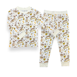 Additional view of Ocelot bamboo two piece pajamas for kids with hand drawn animal print