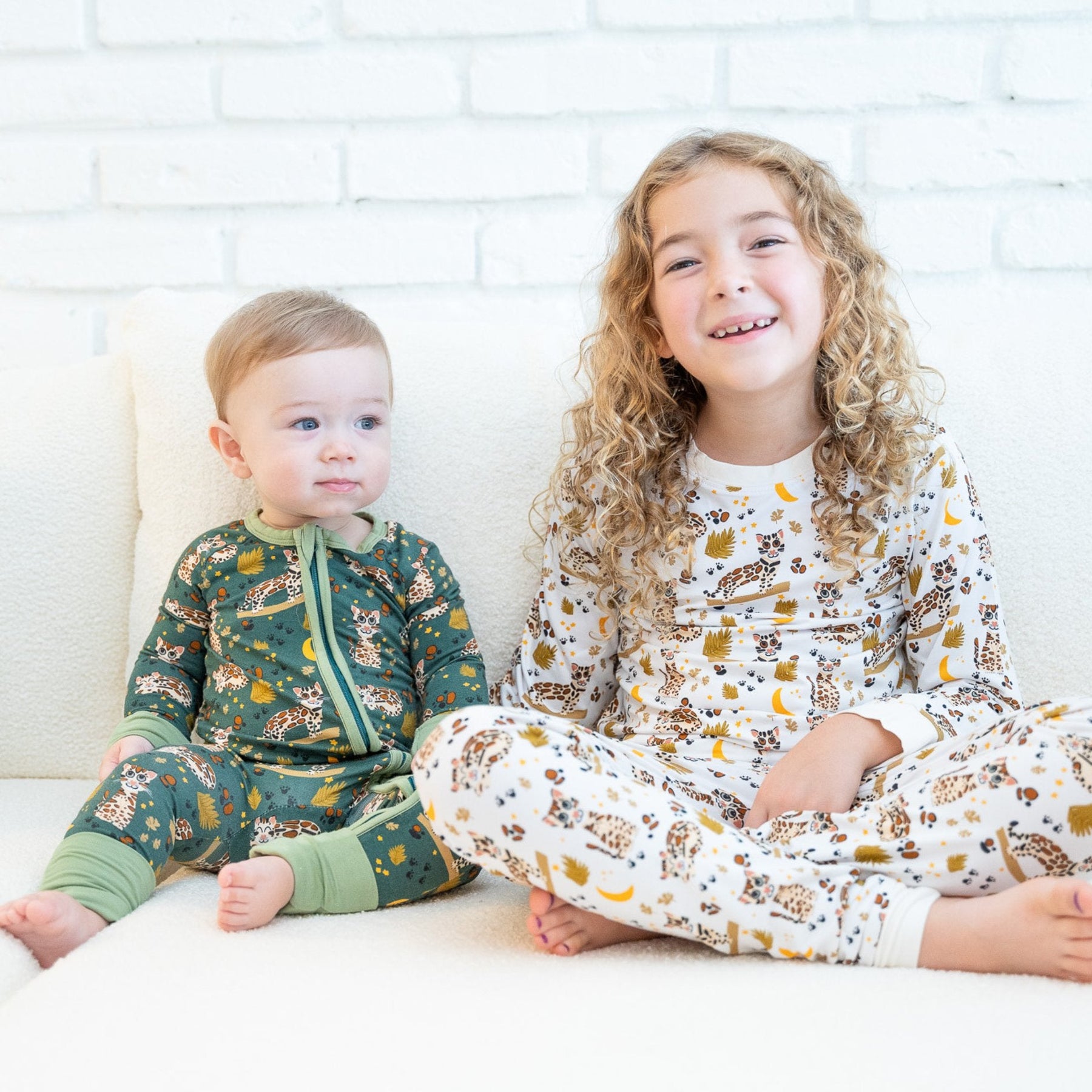 Additional view of Ocelot bamboo two piece pajamas for kids with hand drawn animal print