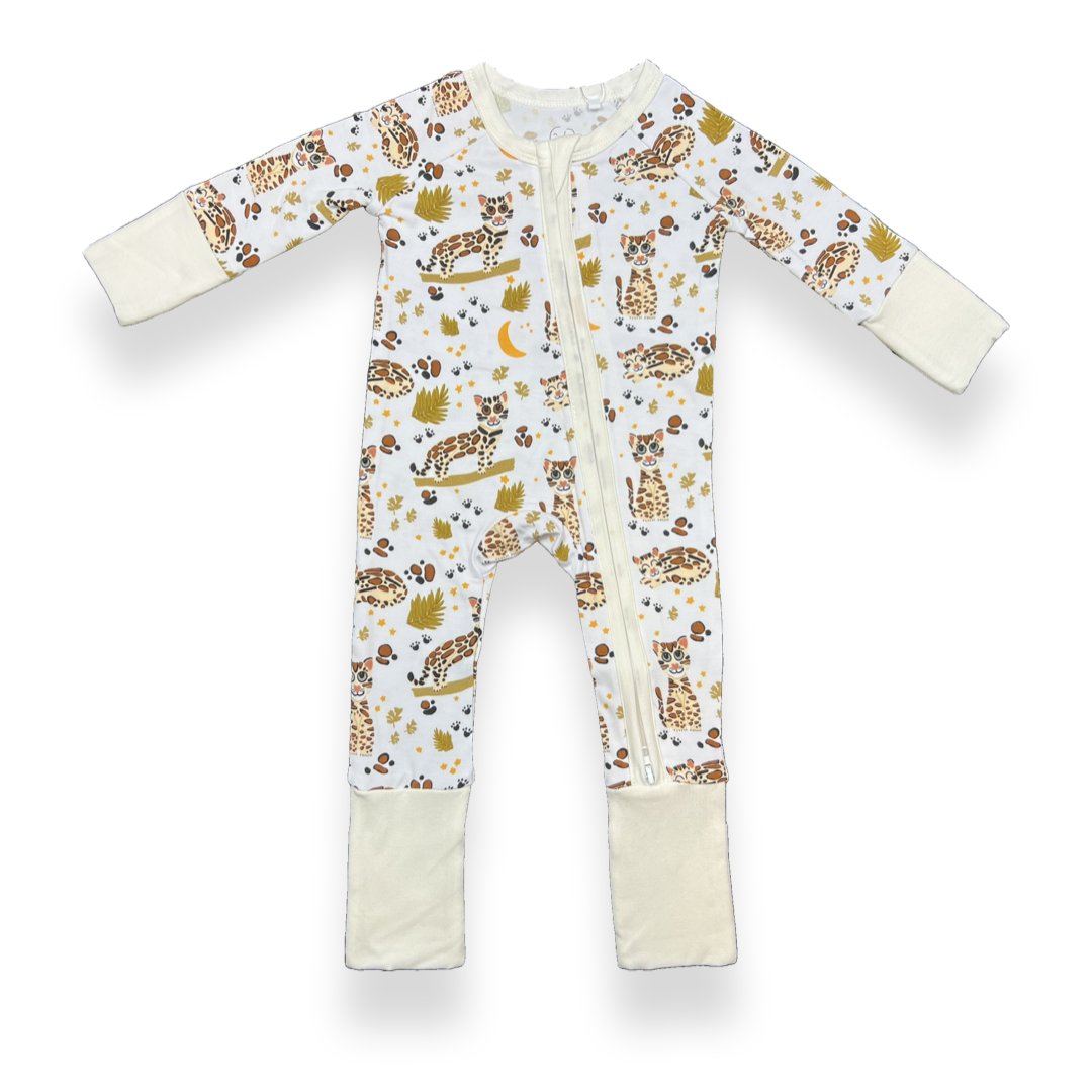 Ocelot bamboo baby zip pajamas with hand drawn animal print