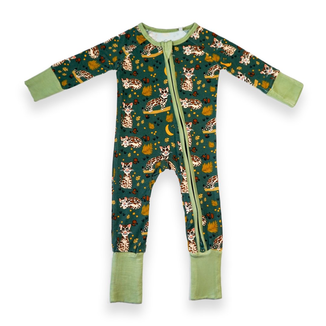 Additional view of Ocelot bamboo baby zip pajamas with hand drawn animal print