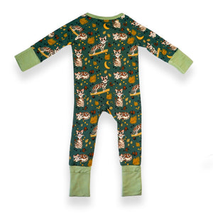 Additional view of Ocelot bamboo baby zip pajamas with hand drawn animal print