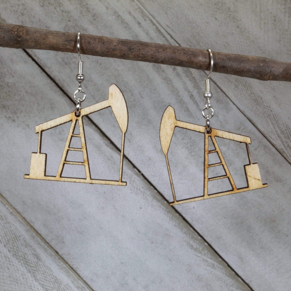 Oil Rig Pump Jack Wooden Dangle Earrings | Industrial Jewelry