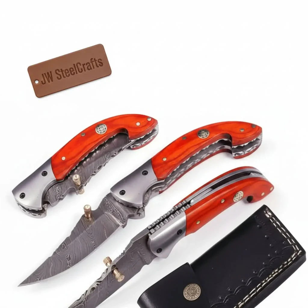 Handmade Damascus Folding Knife with Orange Pakka Wood Handle & Leather Sheath by JW SteelCrafts, leather knife sheath main product photo