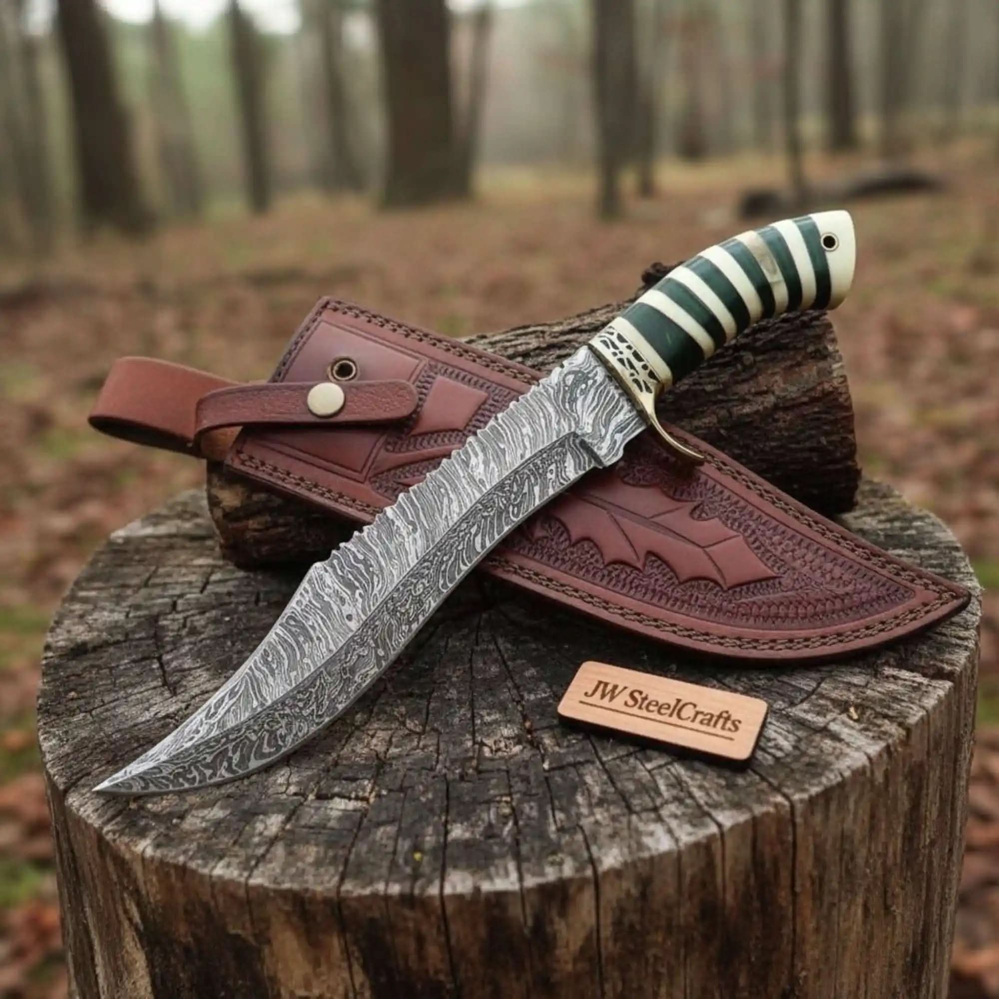 Handmade Clip Point Bowie Knife with Fire Pattern Damascus Steel by JW SteelCrafts, Damascus knife main product photo