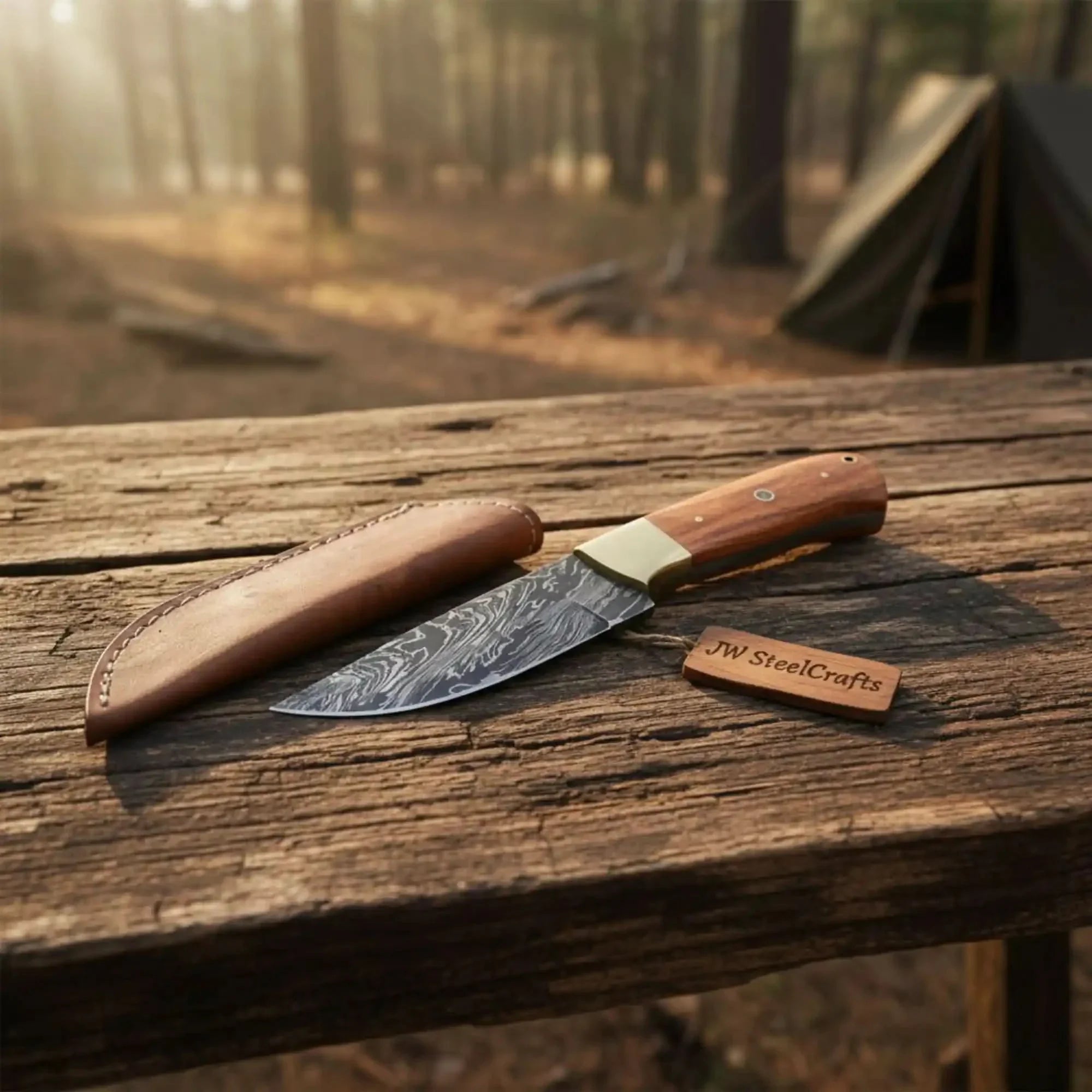 Damascus Drop Point Hunting Knife Olive wood Handle Fixed Blade by JW SteelCrafts, Damascus knife main product photo