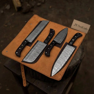 4-Piece Damascus Steel Kitchen Knife Set — Chef, Santoku, Cleaver & Utility with Wengi Wood Handles & Leather Roll