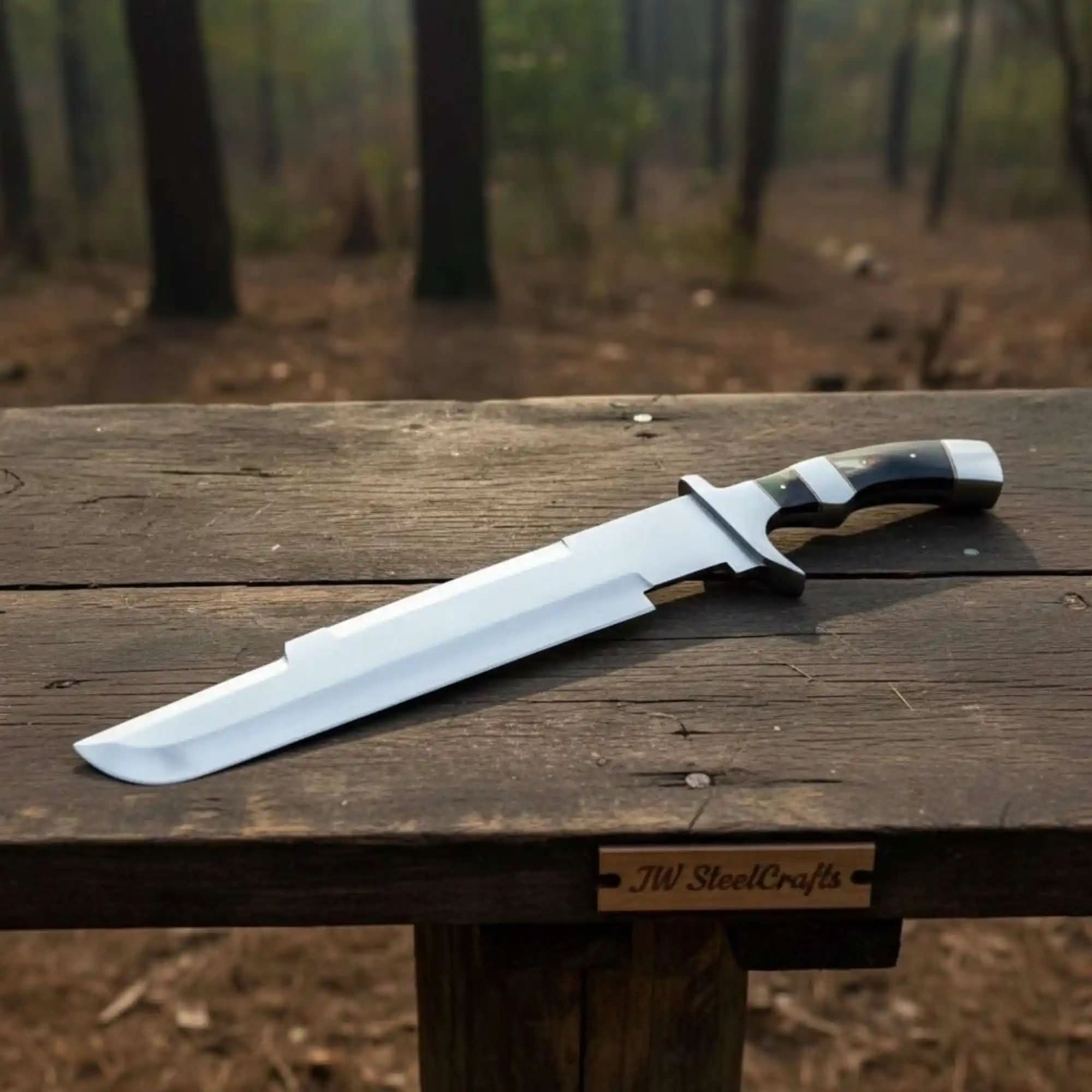 Recurved Clip Point Bowie Knife with Spanish Notch and Mirror Finish by JW SteelCrafts, Damascus knife main product photo