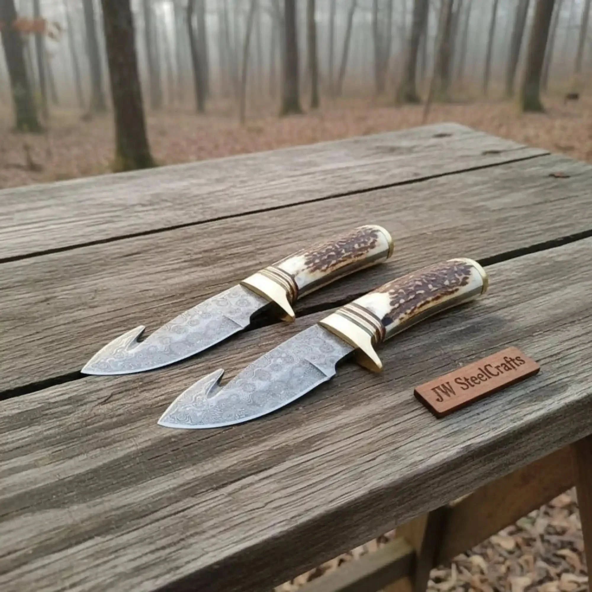Gut Hook Skinner Knives Pair stag handle by JW SteelCrafts, Southern home decor main product photo