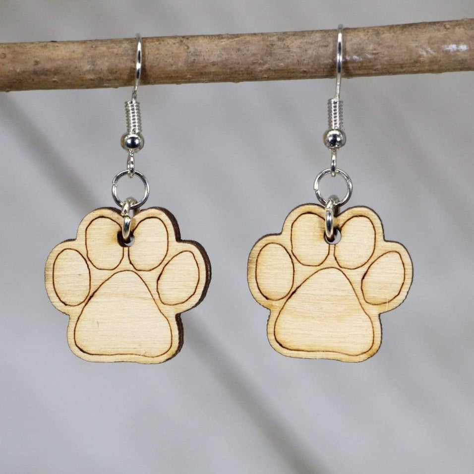 Paw Print Wooden Dangle Earrings | Pet Lover Jewelry by Cate's Concepts, LLC, handmade jewelry main product photo
