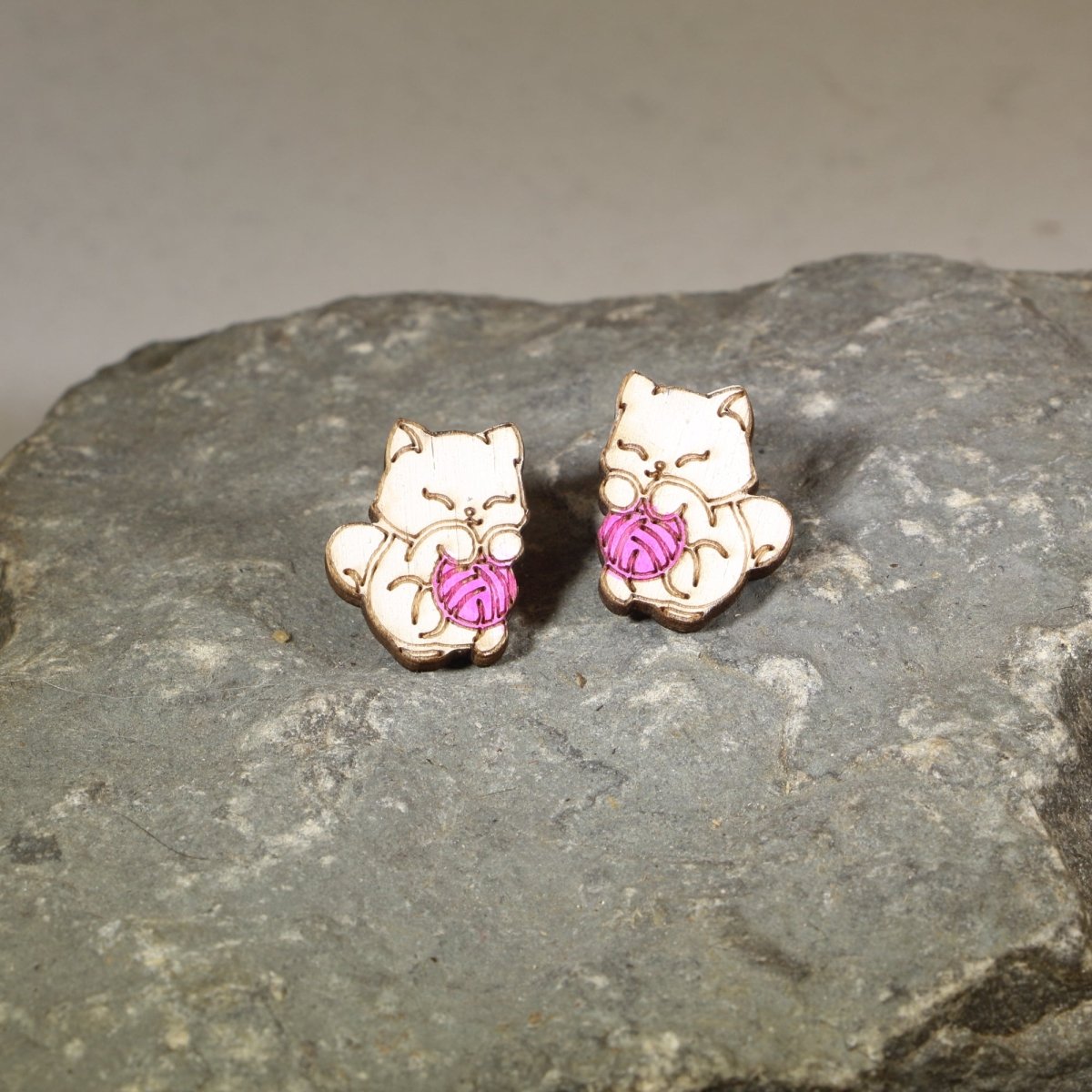 Cat and Yarn Wooden Earrings | Cute Cat Lover Pet Jewelry