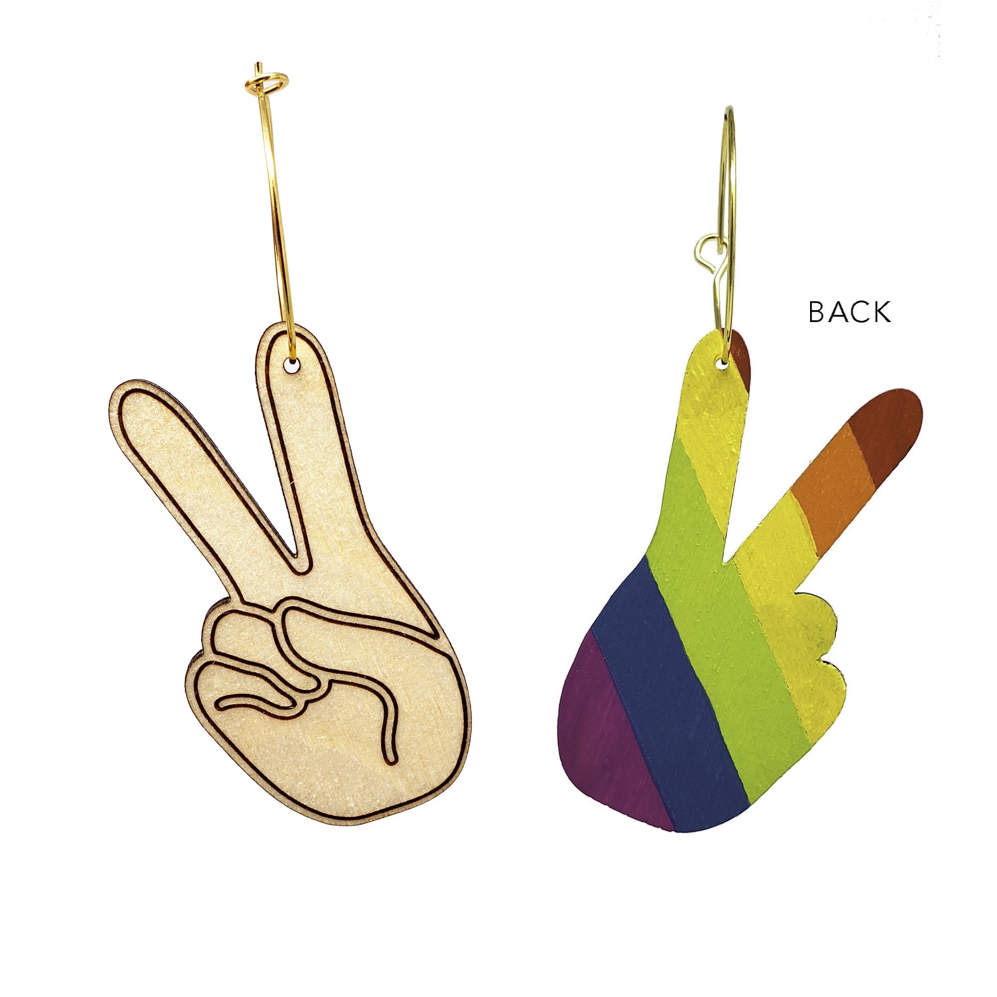 Peace Sign Pride Hand Hoop Earrings hand painted on lightweight wood by LE CHIC MIAMI