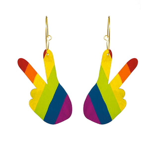 Additional view of Black Peace Sign Pride Hand Hoop Earrings hand painted on lightweight wood by LE CHIC MIAMI