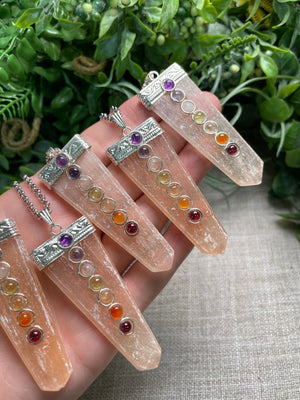 Peach Selenite and Chakra Crystal Necklace