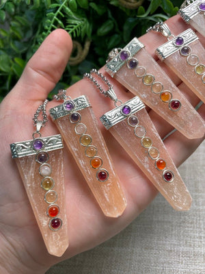 Peach Selenite and Chakra Crystal Necklace