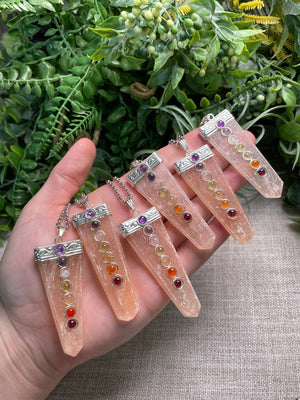 Peach Selenite and Chakra Crystal Necklace