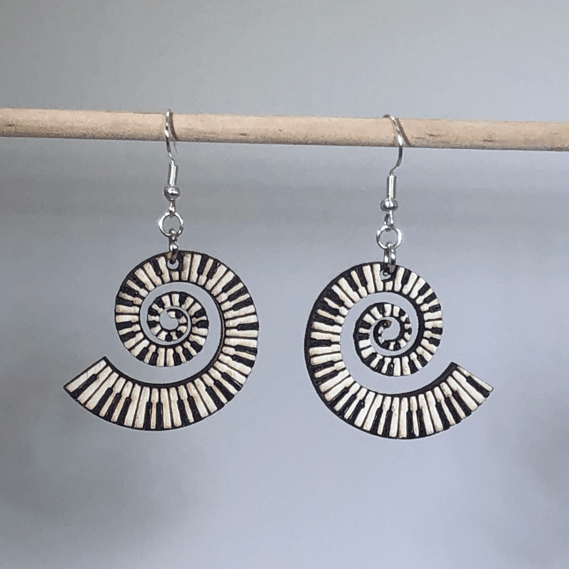 Swirl Piano Keyboard Wooden Dangle Earrings | Music Jewelry
