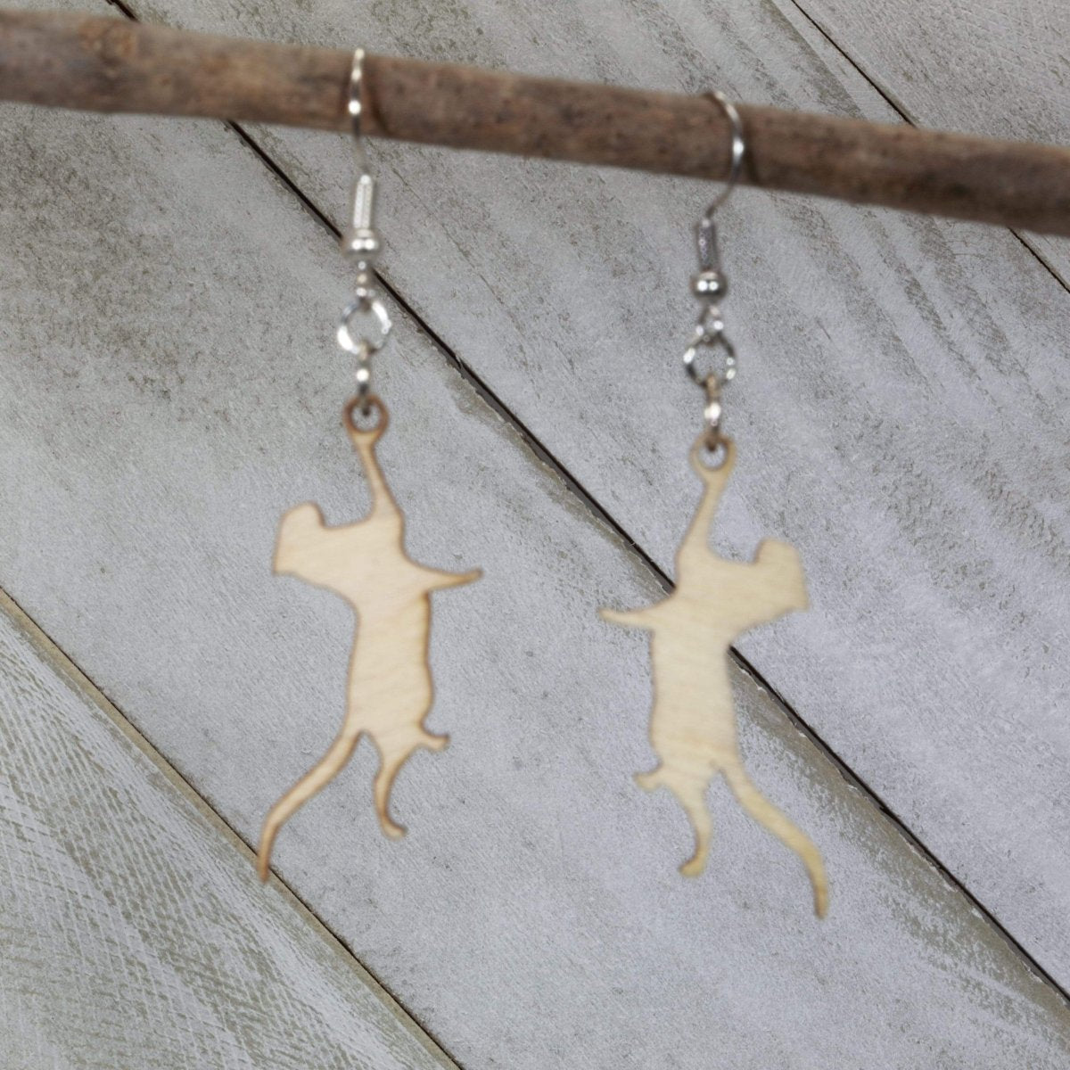 Hanging Cat Wooden Dangle Earrings | Cute Cat Jewelry
