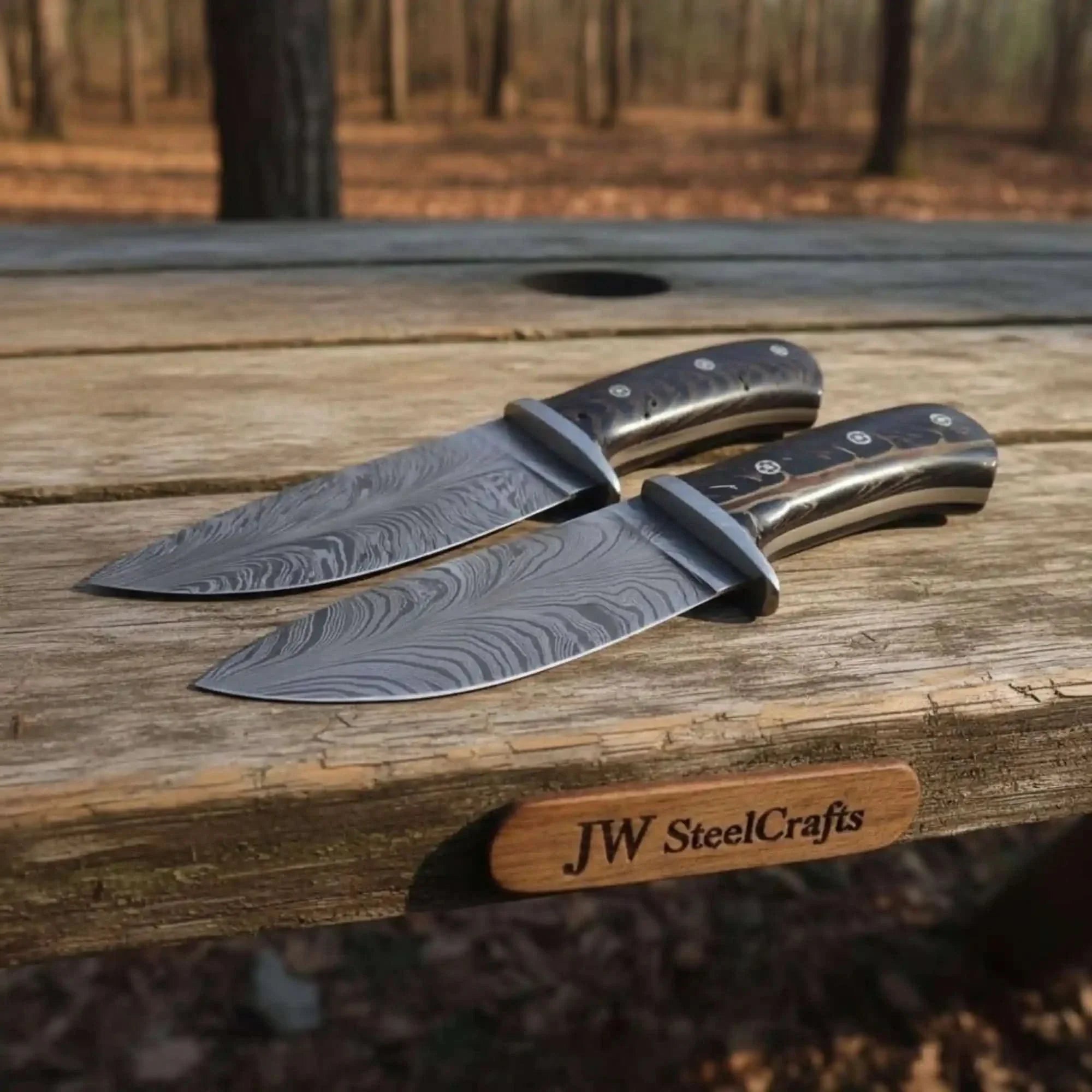 Bowie Knife Feather Damascus Blade Pinecone Handle Fixed Blade Hunting Knife by JW SteelCrafts, Damascus knife main product photo
