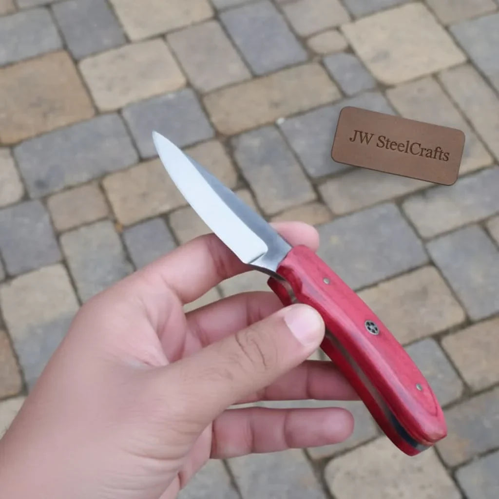 Handmade Skinner Knife Red Wood Handle Fixed Blade by JW SteelCrafts, Damascus knife detail photo 2