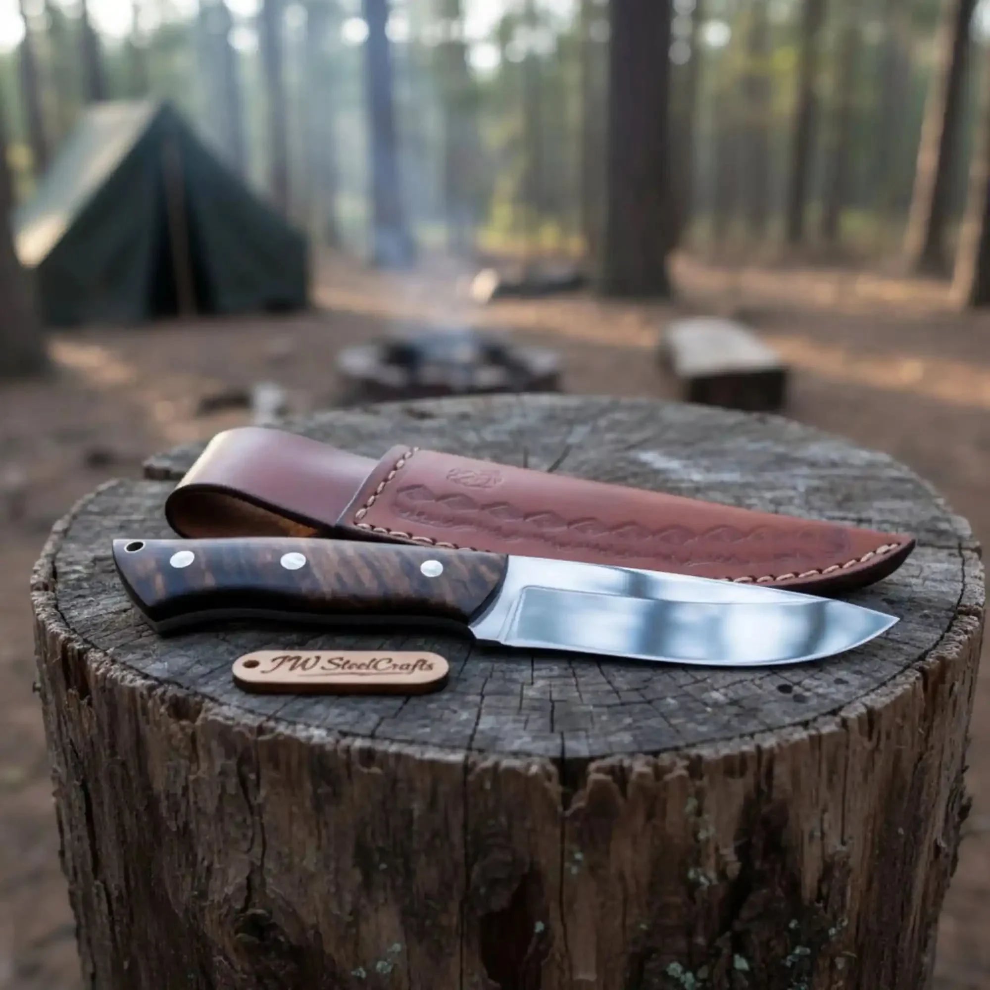 Drop Point Hunting Knife Stainless Steel Blade Rosewood Handle Fixed Blade Field Knife with Leather Sheath by JW SteelCrafts, leather knife sheath detail photo 2