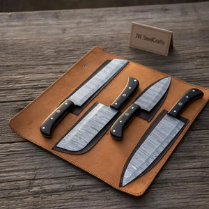 4-Piece Damascus Steel Kitchen Knife Set — Chef, Santoku, Cleaver & Utility with Wengi Wood Handles & Leather Roll