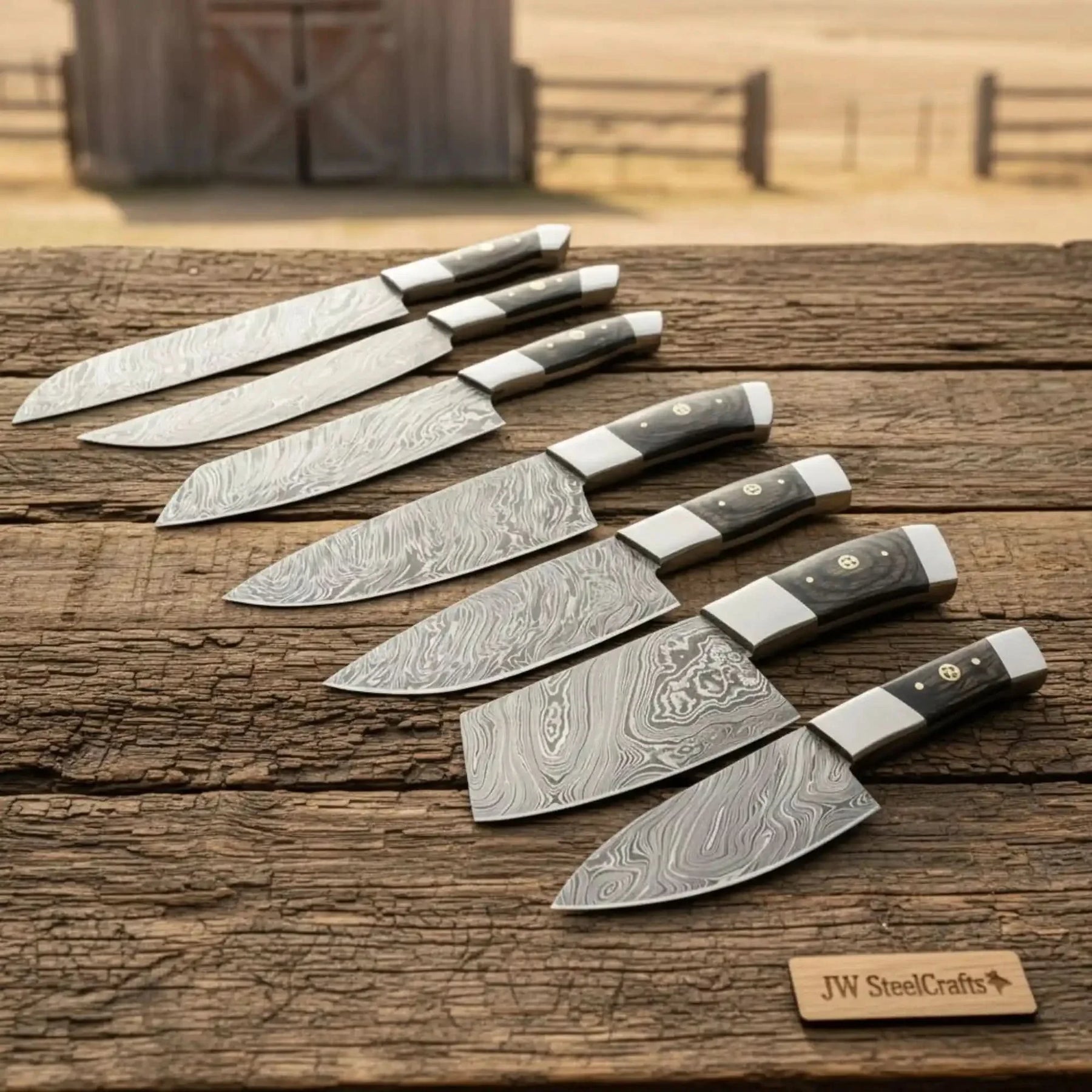7-Piece Damascus Kitchen Knife Set — Chef, Santoku, Nakiri, Cleaver, Slicing, Utility & Paring with Dark Pakka Wood Handles