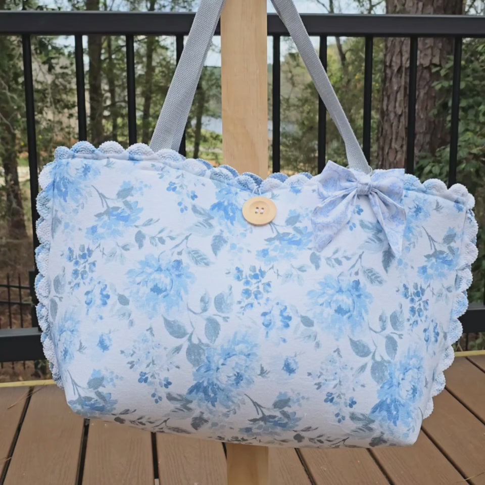Blue Floral Tote Bag, Cottagecore Shoulder Bag, Handmade Fabric Tote, Vintage Inspired Floral Purse, Romantic Boho Bag, Everyday Market Bag by Maypop House Designs, handmade