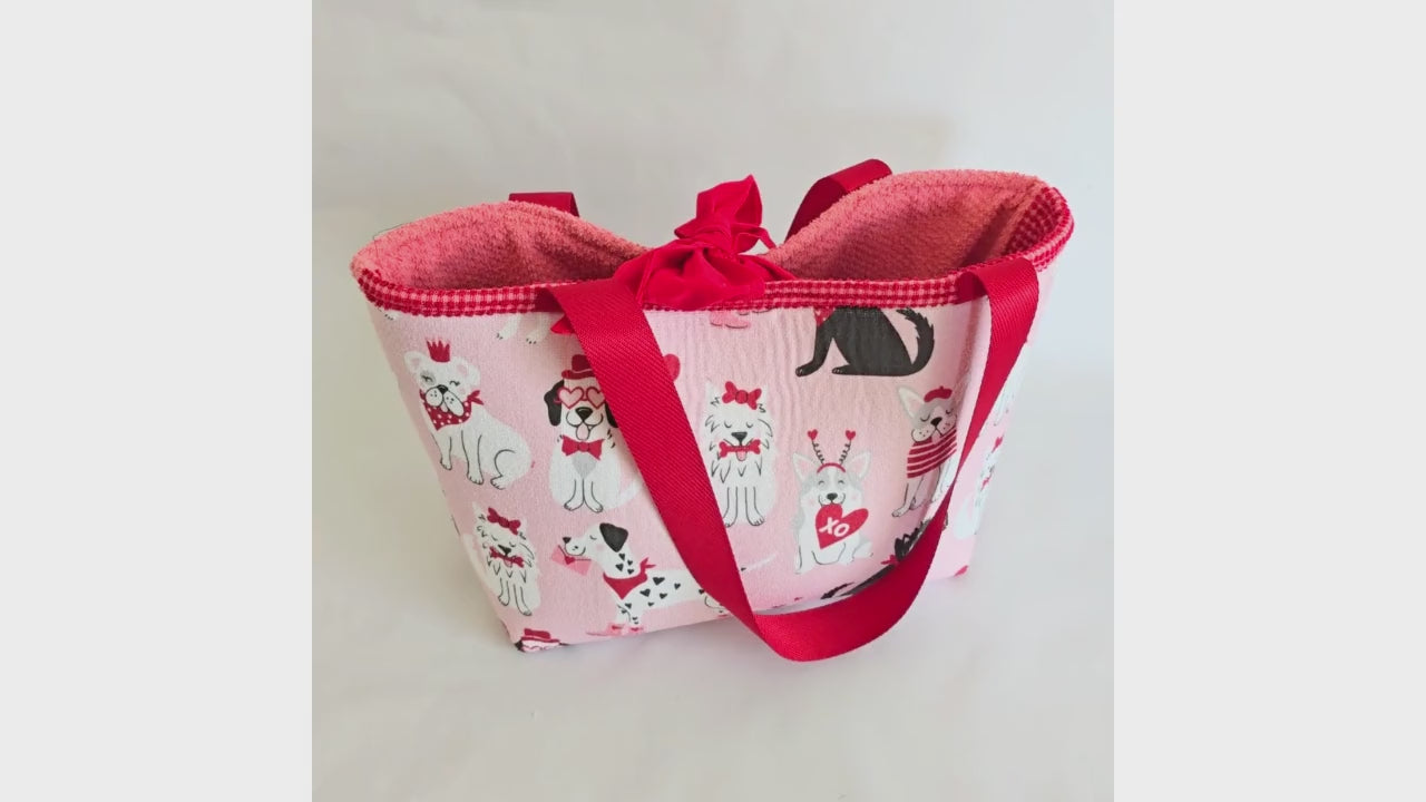 Valentine Dog Print Tote Bag – Handmade Pink Puppy Shoulder Bag, Cute Dog Lover Gift, Red Strap Everyday Carryall by Maypop House Designs, paper gift main product photo